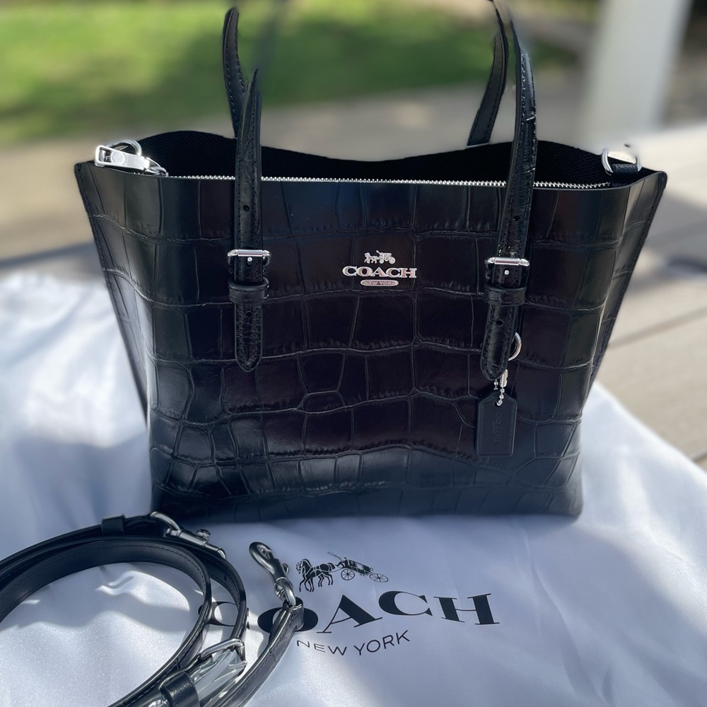 Coach Mollie Black Croc-Embossed Leather Tote